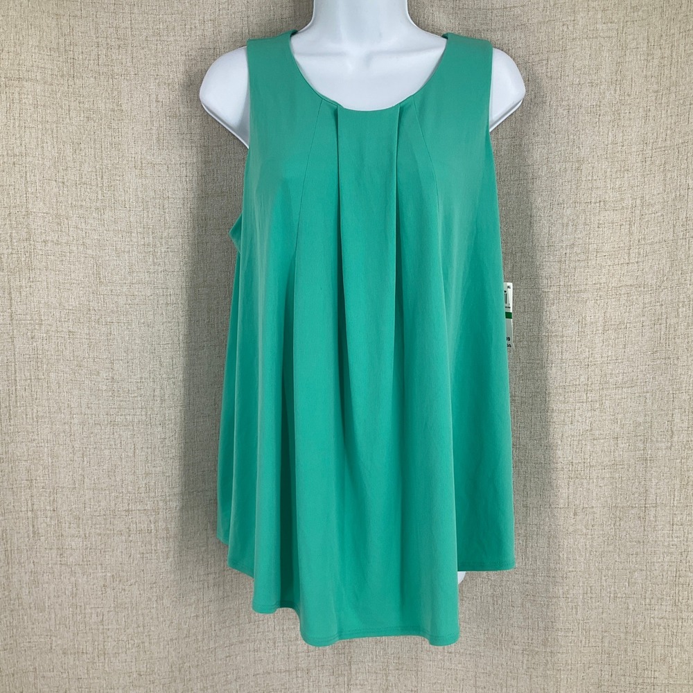 Charter Club Pleated Top Women Large Green Sleeveless Blouse Preppy Office NEW